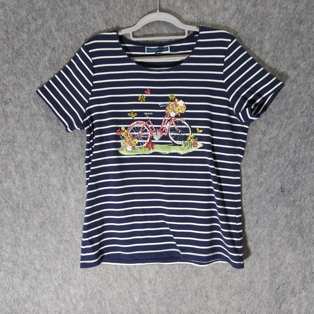 Karen Scott Cotton Shirt L Navy Striped Embellished Rhinestone Bicycle Novelty